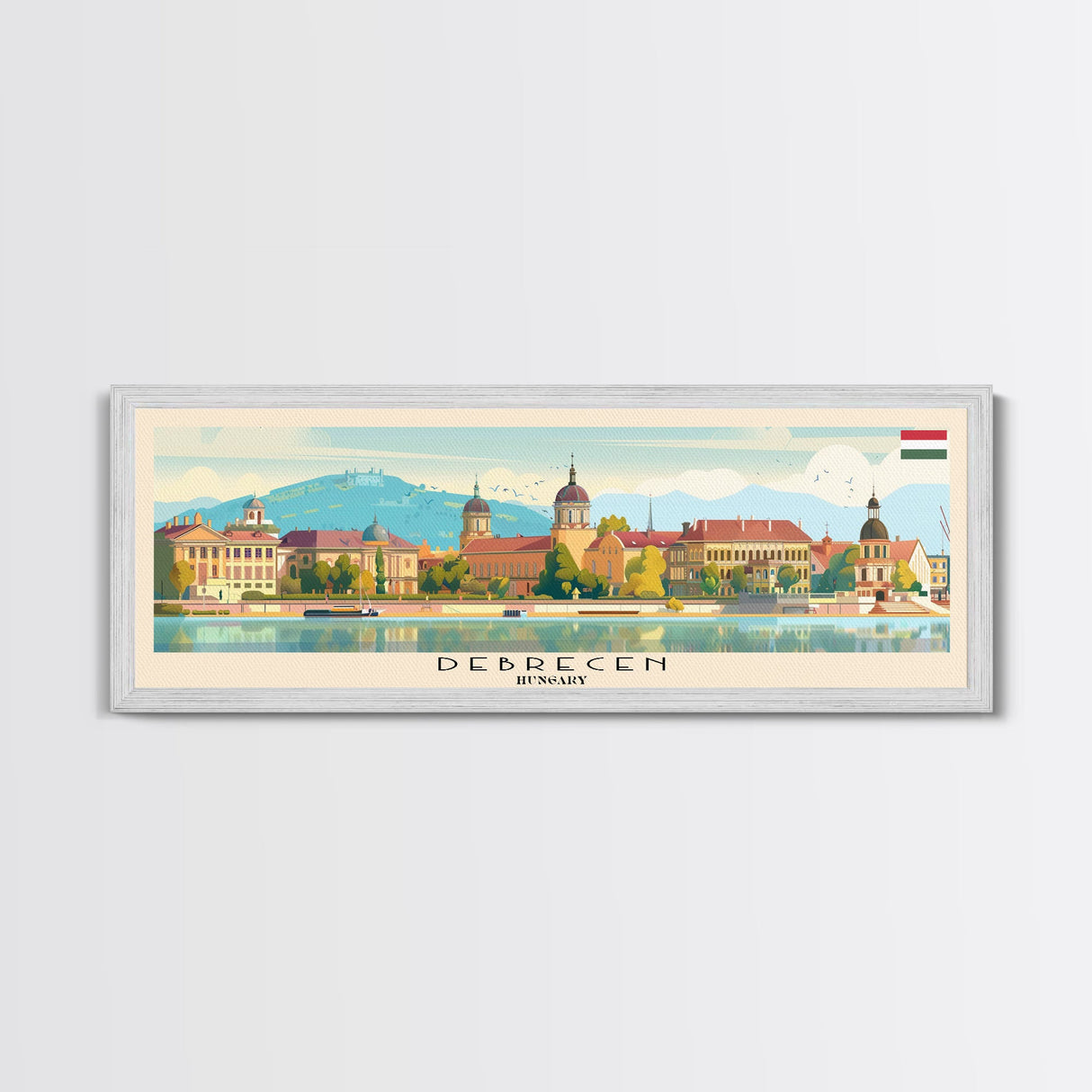Debrecen Hungary Panoramic Travel Poster, Framed Canvas Print or Metal Wall Art, Travel Art, Home Decor, Panoramic Painting, Midcentury Art