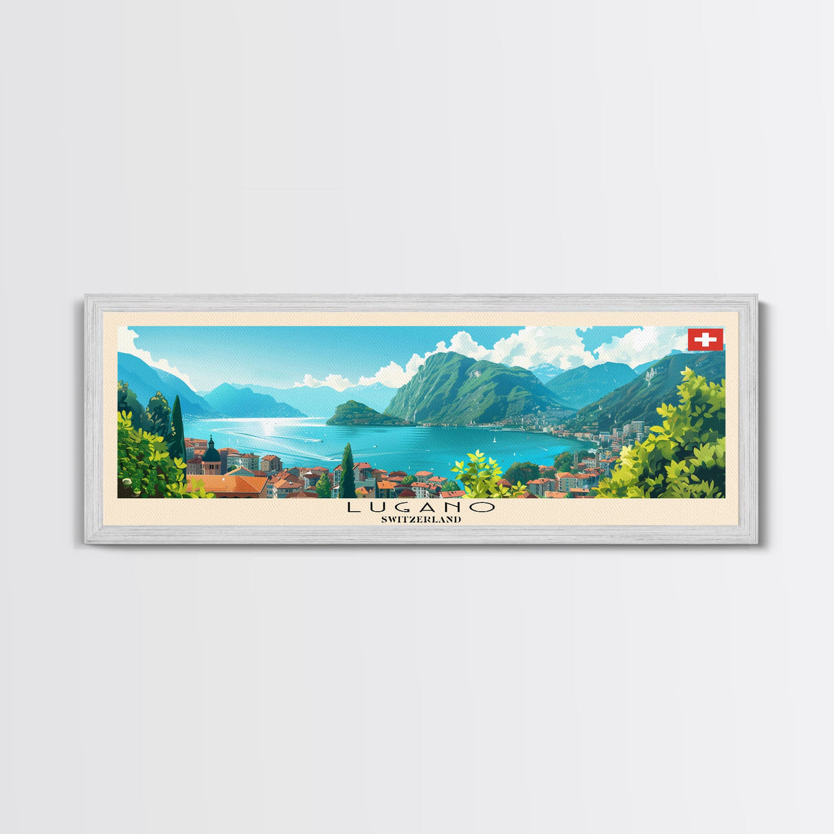 Lugano Switzerland Panoramic Travel Poster, Framed Canvas Print or Metal Wall Art, Travel Art, Home Decor, Panoramic Painting, Midcentury Art