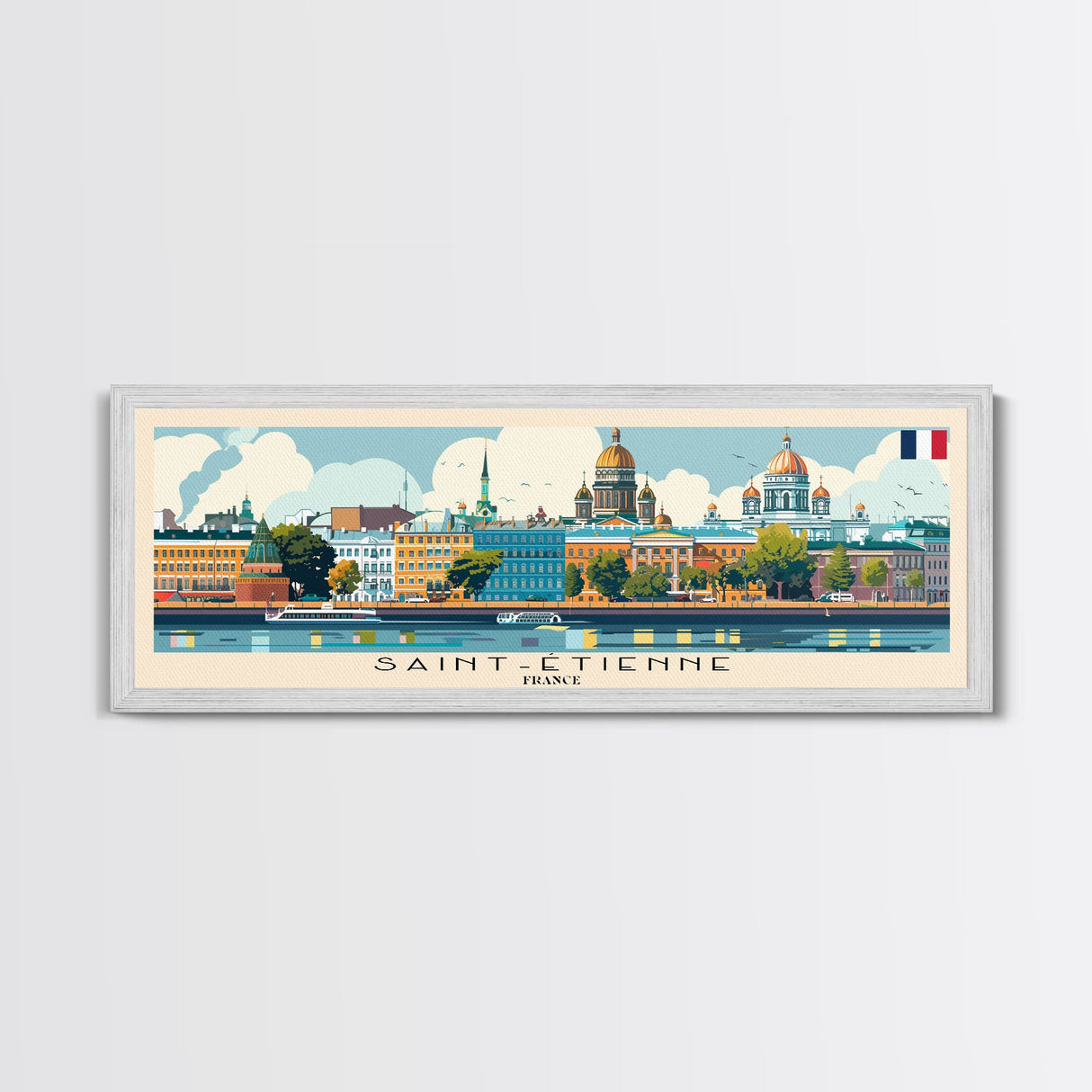 Saint Etienne France Panoramic Travel Poster, Framed Canvas Print or Metal Wall Art, Travel Art, Home Decor, Panoramic Painting, Midcentury Art