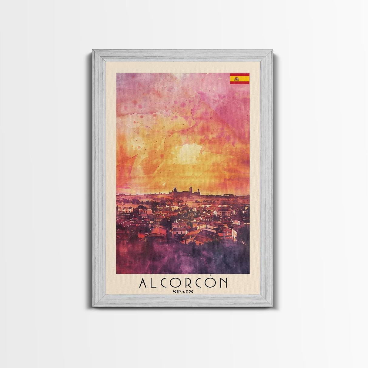 Alcorcón Spain Sunset Skyline Travel Poster Art, Framed Canvas Print, Beautiful Wall Art for Living Room or Bedroom, Home Decoration