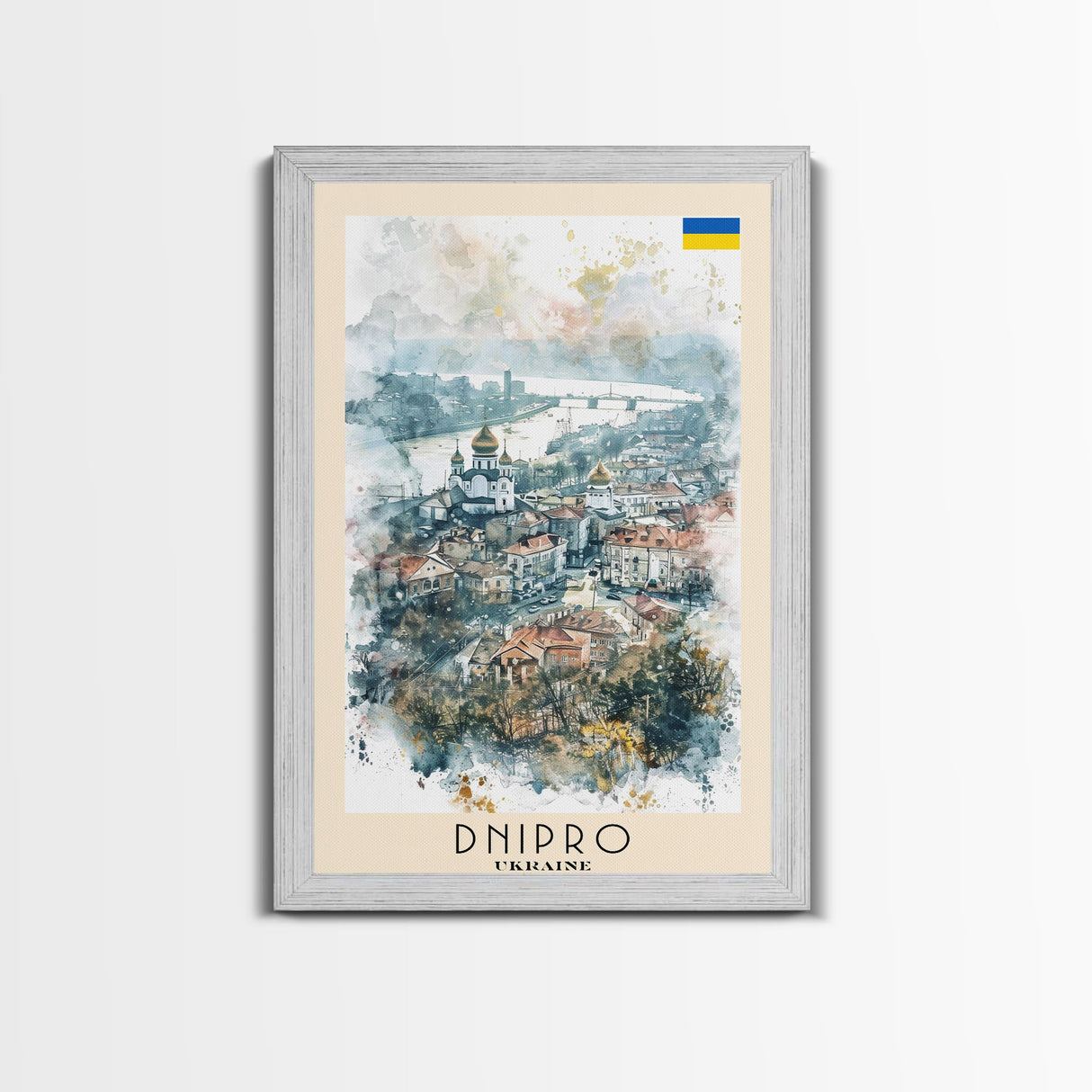 Dnipro Ukraine Urban Landscape Framed Canvas Print, Watercolor Travel Poster, Eastern European Wall Art, Elegant Home Decor, Retro Cityscape Art, Living Room Accent
