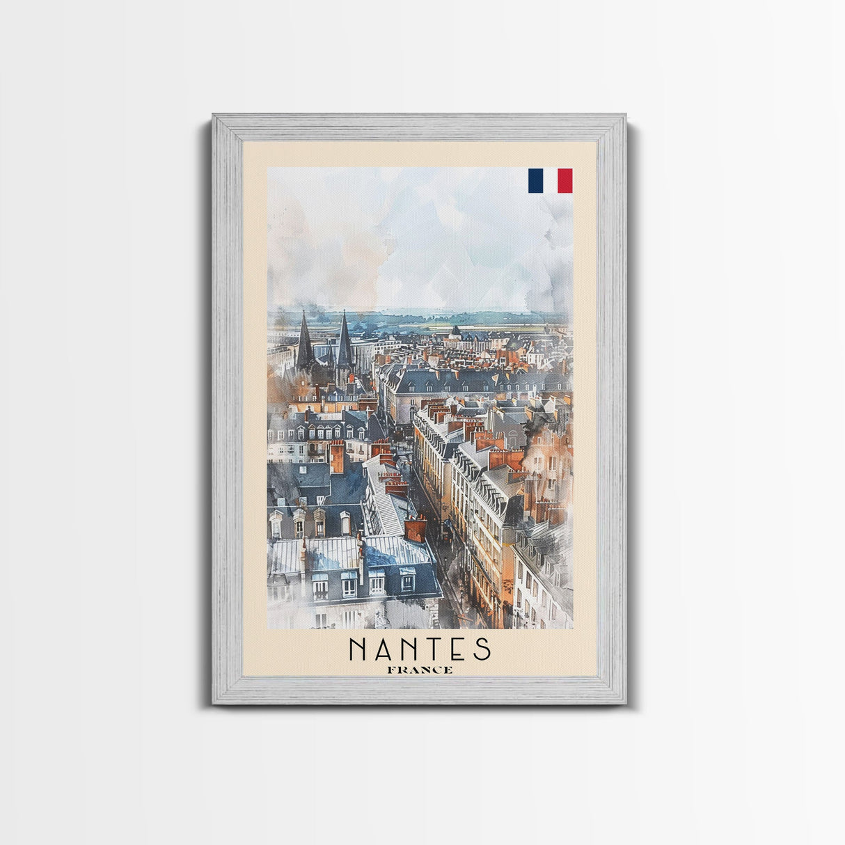 Nantes France Travel Poster Framed Canvas Print, Cityscape Watercolor Painting, Wall Art, Home Decor, Vacation Art, Urban Art, Unique Art