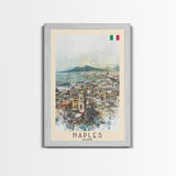 Naples Italy Framed Canvas Print, Scenic Travel Poster, Watercolor Painting, Coastal Wall Art, Home Decor, Vacation Art, Unique Art