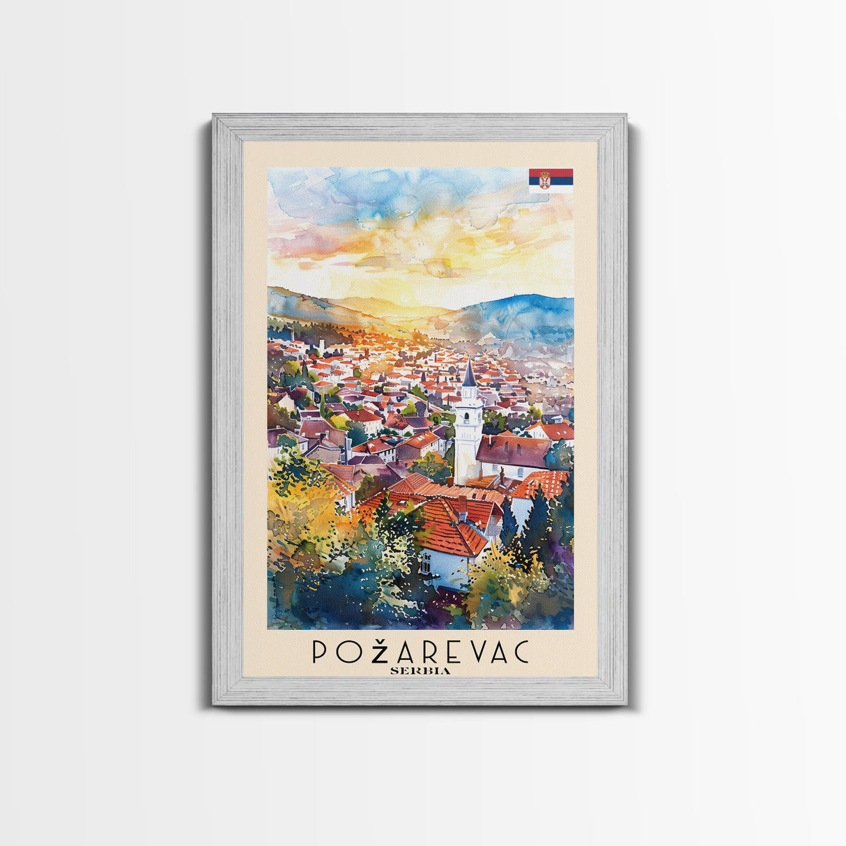 Pozega Serbia Travel Poster Framed Canvas Print, Watercolor Painting, Scenic Wall Art, Home Decor, Serbian Landscape, Classic Art