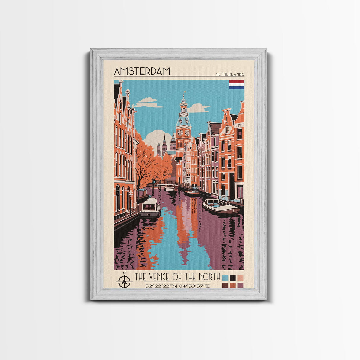 Amsterdam Netherlands Travel Poster Framed Canvas Print, Midcentury Modern Art, Pop Art Decor, Wall Art, Vacation Gift, Living Room Decoration, Scenic Print