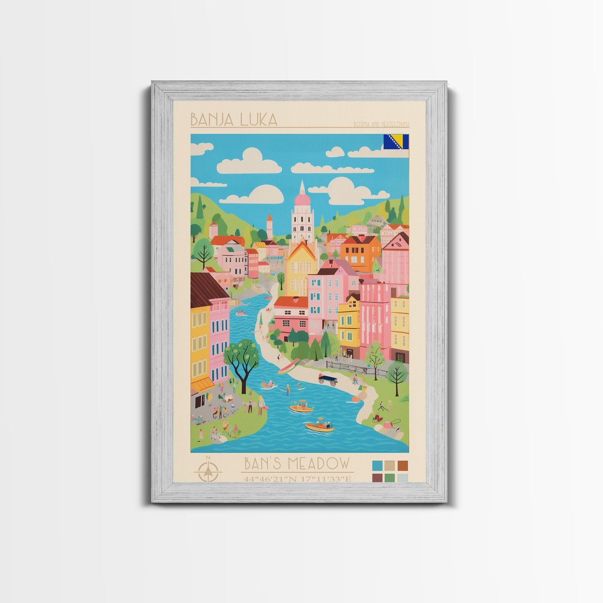 Banja Luka Bosnia Travel Poster Framed Canvas Print, Midcentury Modern Art, Pop Art Wall Decor, Home Decor, Vacation Gift, Living Room Art
