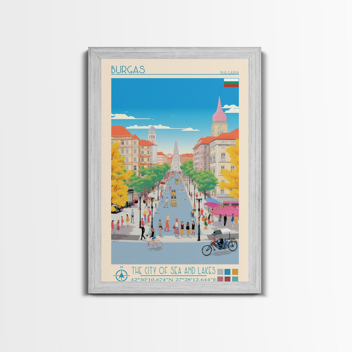 Burgas Bulgaria Travel Poster Framed Canvas Print, Midcentury Modern Art, Pop Art Wall Decor, Home Decor, Vacation Gift, Living Room Art