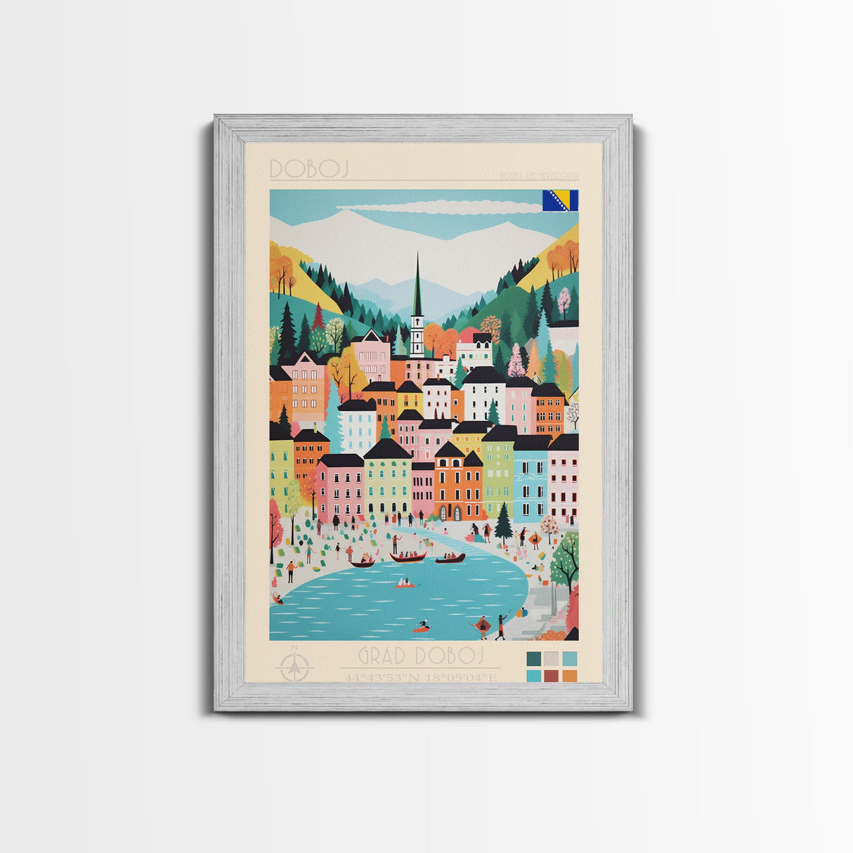 Doboj Bosnia and Herzegovina Travel Poster Framed Canvas Print, Midcentury Modern Art, Pop Art Wall Decor, Home Decor, Vacation Gift, Living Room Art