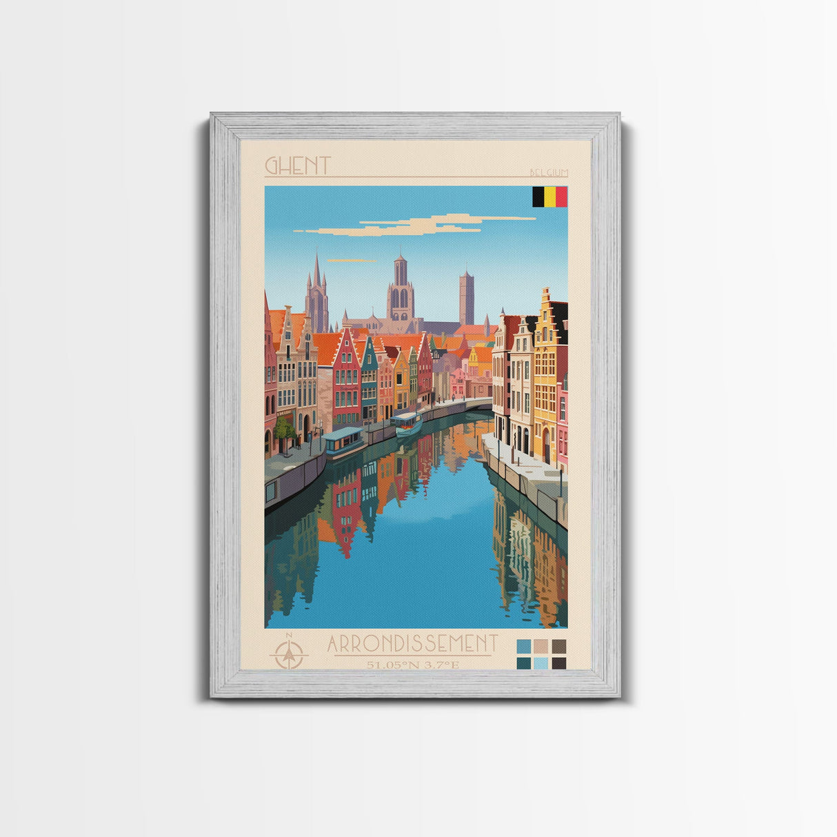 Ghent Belgium Travel Poster Framed Canvas Print, Midcentury Modern Art, Pop Art Wall Decor, Scenic Wall Art, Living Room Decoration, Office Art