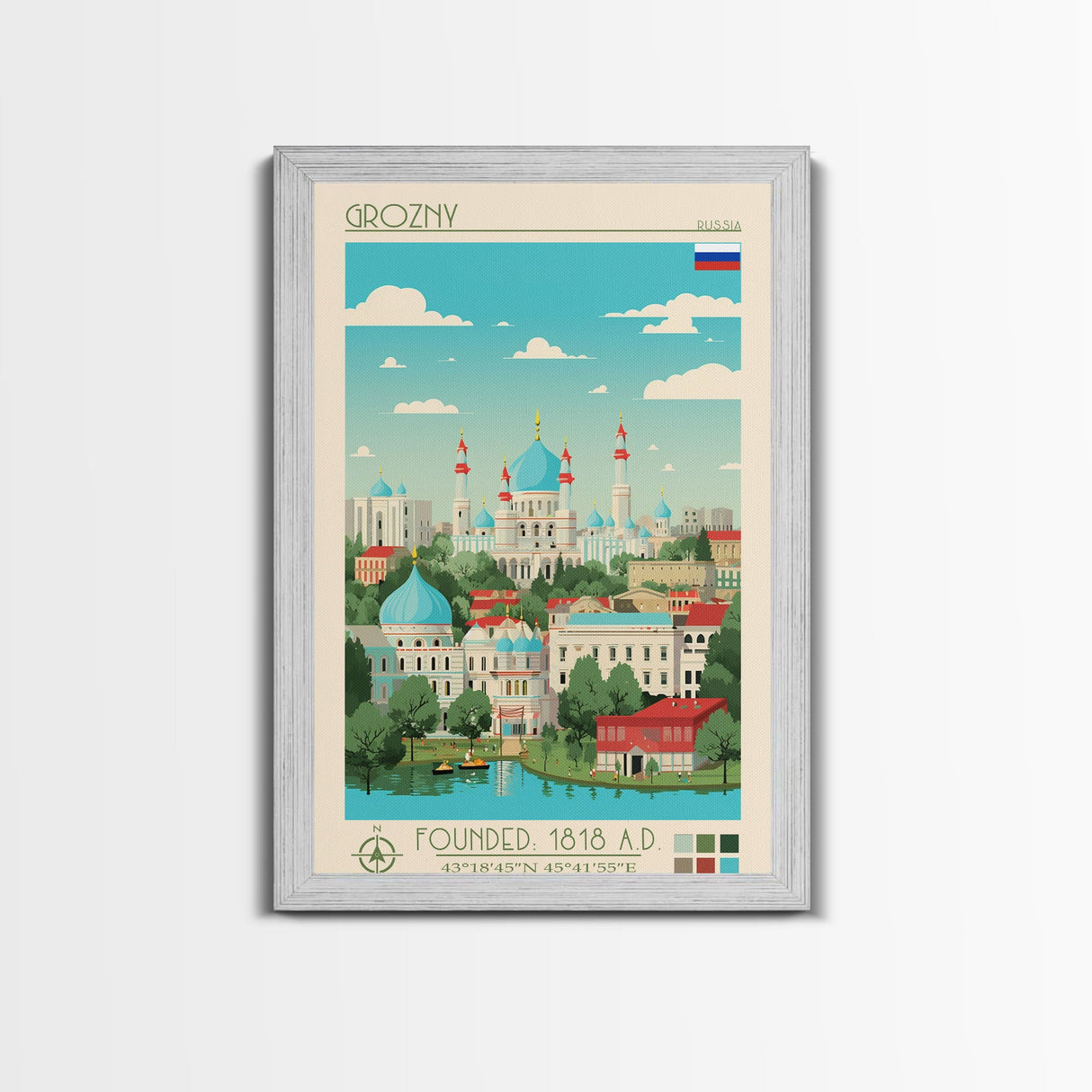 Grozny Russia Travel Poster Framed Canvas Print, Midcentury Modern Art, Pop Art Wall Decor, Scenic Wall Art, Living Room Decoration, Office Art