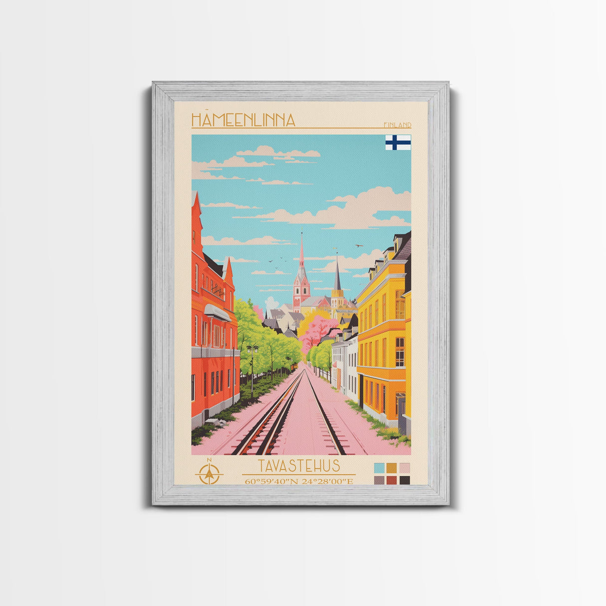 Hämeenlinna City in Finland Finland Travel Poster Framed Canvas Print, Midcentury Modern Art, Pop Art Wall Decor, Home Decor, Vacation Gift, Bedroom Art