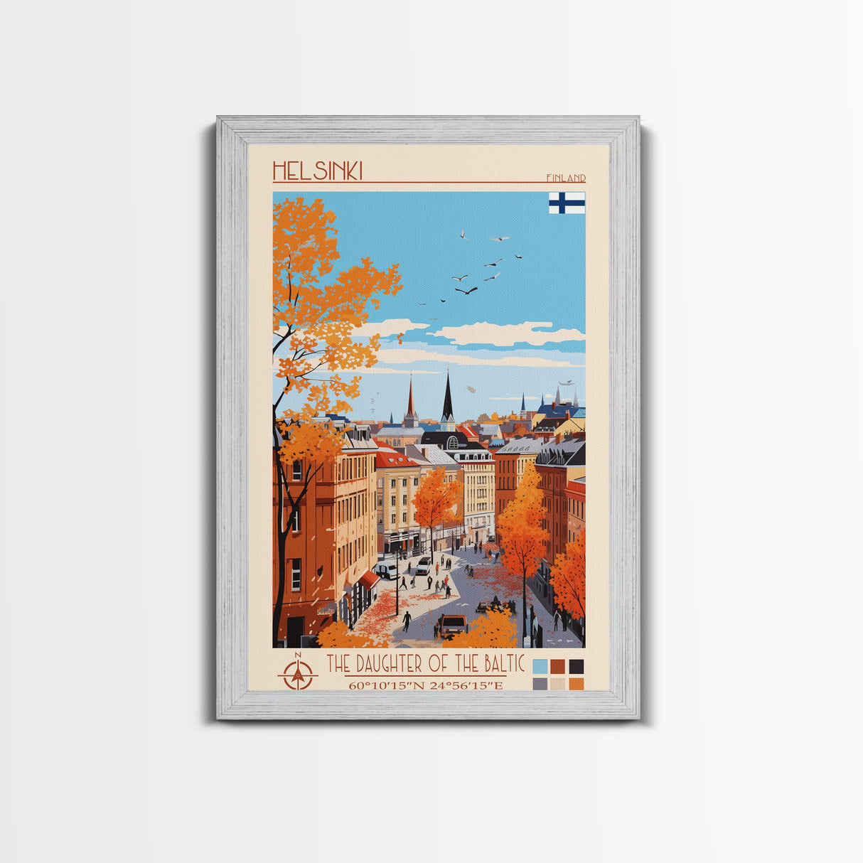 Helsinki Finland Travel Poster Framed Canvas Print, Midcentury Modern Art, Pop Art Wall Decor, Scenic Bedroom Art, Office Decoration