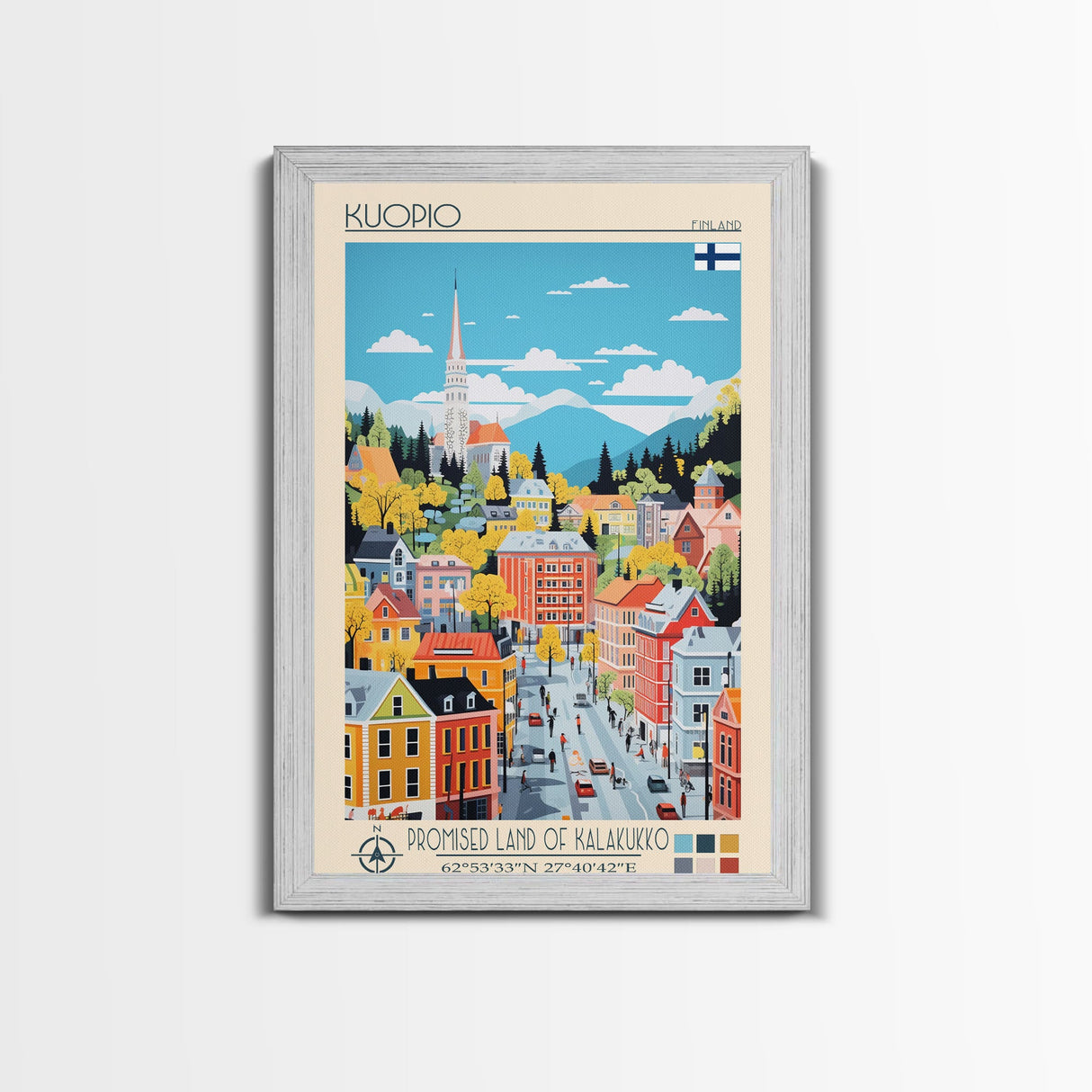Kuopio Finland Travel Poster Framed Canvas Print, Midcentury Modern Art, Pop Art Wall Decor, Home Decor, Vacation Gift, Bedroom Art