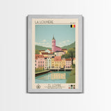 La Louvière Belgium Travel Poster Framed Canvas Print, Midcentury Modern Art, Pop Art Wall Decor, Scenic Living Room Art, Bedroom Gift