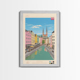 Linz Austria Travel Poster Framed Canvas Print, Wall Decor, Midcentury Modern Art, Pop Art, Scenic Art for Bedroom and Living Room