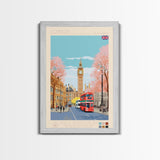 London United Kingdom Travel Poster Framed Canvas Print, Wall Decor, Midcentury Modern Art, Pop Art, Scenic Art for Office and Home