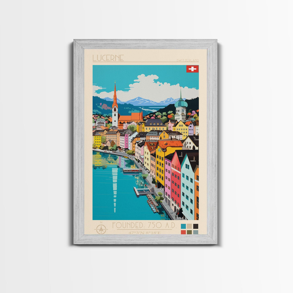 Lucerne Switzerland Travel Poster Framed Canvas Print, Midcentury Modern Art, Pop Art Wall Decor, Scenic Art, Living Room and Office Gift