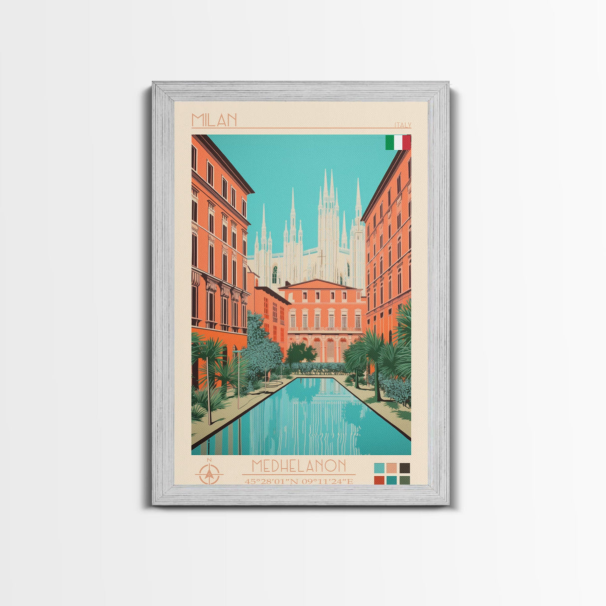 Milan Italy Travel Poster Framed Canvas Print, Midcentury Modern Art, Pop Art Wall Decor, Scenic Bedroom Art, Office Decoration