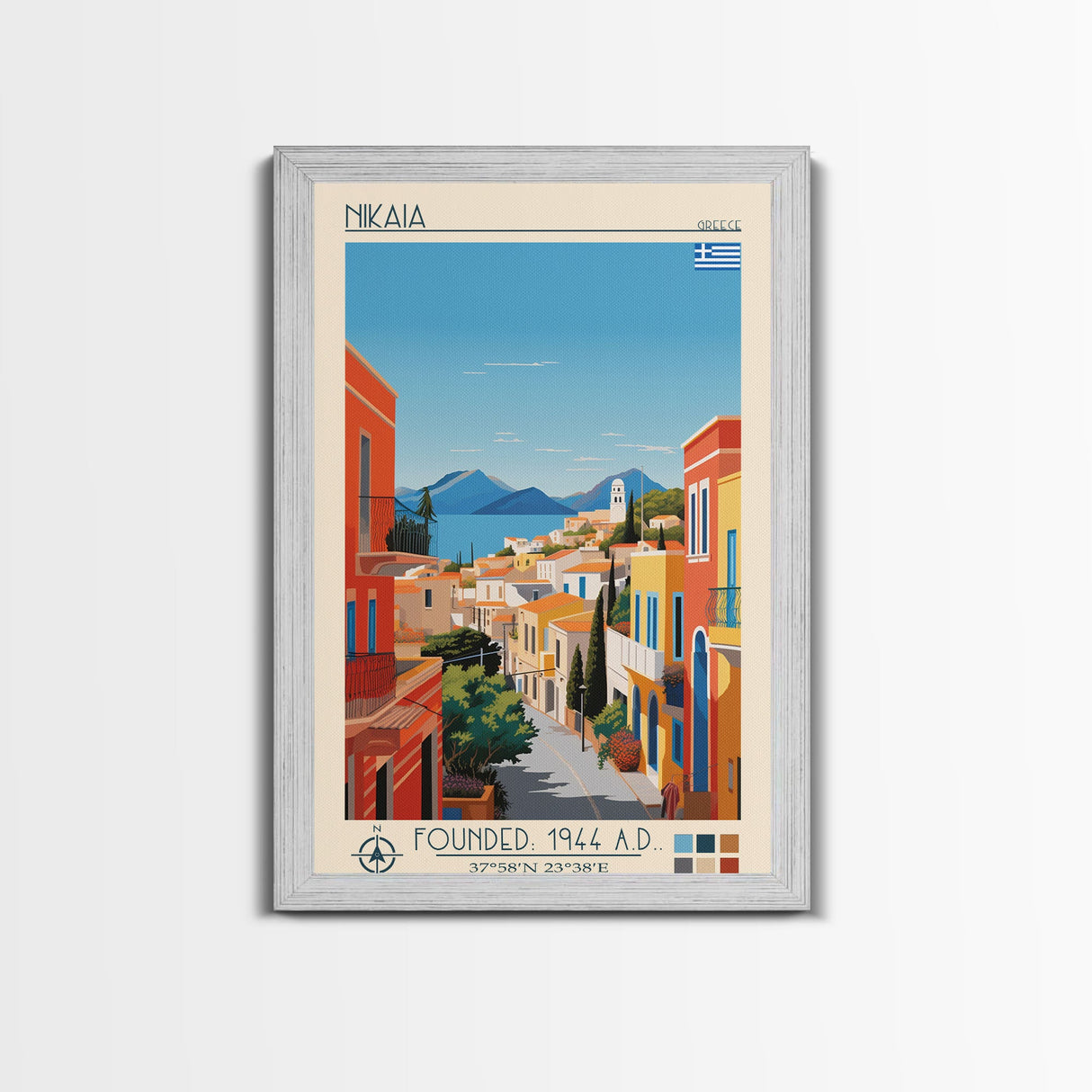Nikaia Greece Travel Poster Framed Canvas Print, Midcentury Modern Art, Pop Art Wall Decor, Scenic Wall Art, Living Room Decoration, Office Art
