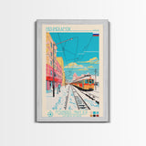 Nizhnekamsk Russia Travel Poster Framed Canvas Print, Midcentury Modern Art, Pop Art Wall Decor, Scenic Wall Art, Bedroom Decoration