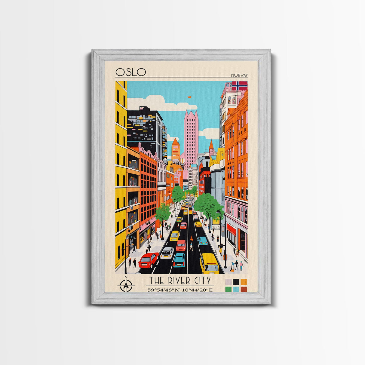 Oslo Norway Travel Poster Framed Canvas Print, Midcentury Modern Art, Pop Art Wall Decor, Scenic Living Room Art, Bedroom Gift