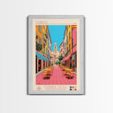 Oviedo Spain Travel Poster Framed Canvas Print, Midcentury Modern Art, Pop Art Wall Decor, Scenic Wall Art, Bedroom Decoration