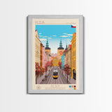 Plzeň Czech Republic Travel Poster Framed Canvas Print, Midcentury Modern Art, Pop Art Wall Decor, Scenic Living Room Art, Bedroom Decor