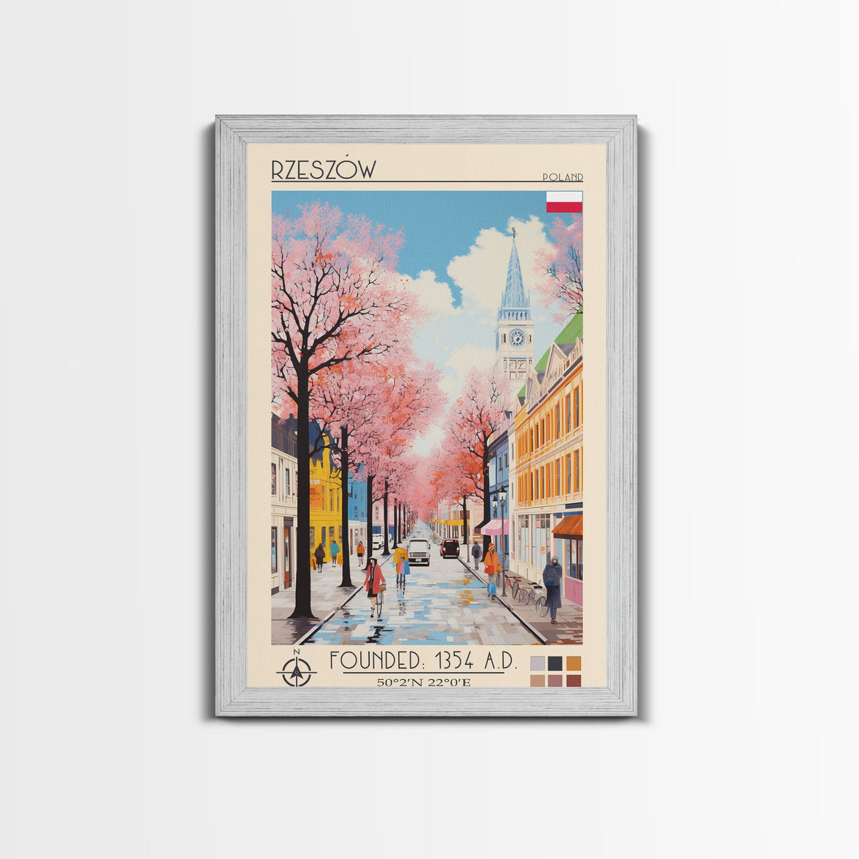 Rzeszów Poland Travel Poster Framed Canvas Print, Midcentury Modern Art, Pop Art Wall Decor, Living Room Art, Bedroom Decoration