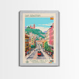 San Sebastian Spain Travel Poster Framed Canvas Print, Midcentury Modern Art, Pop Art Wall Decor, Home Decor, Office Art
