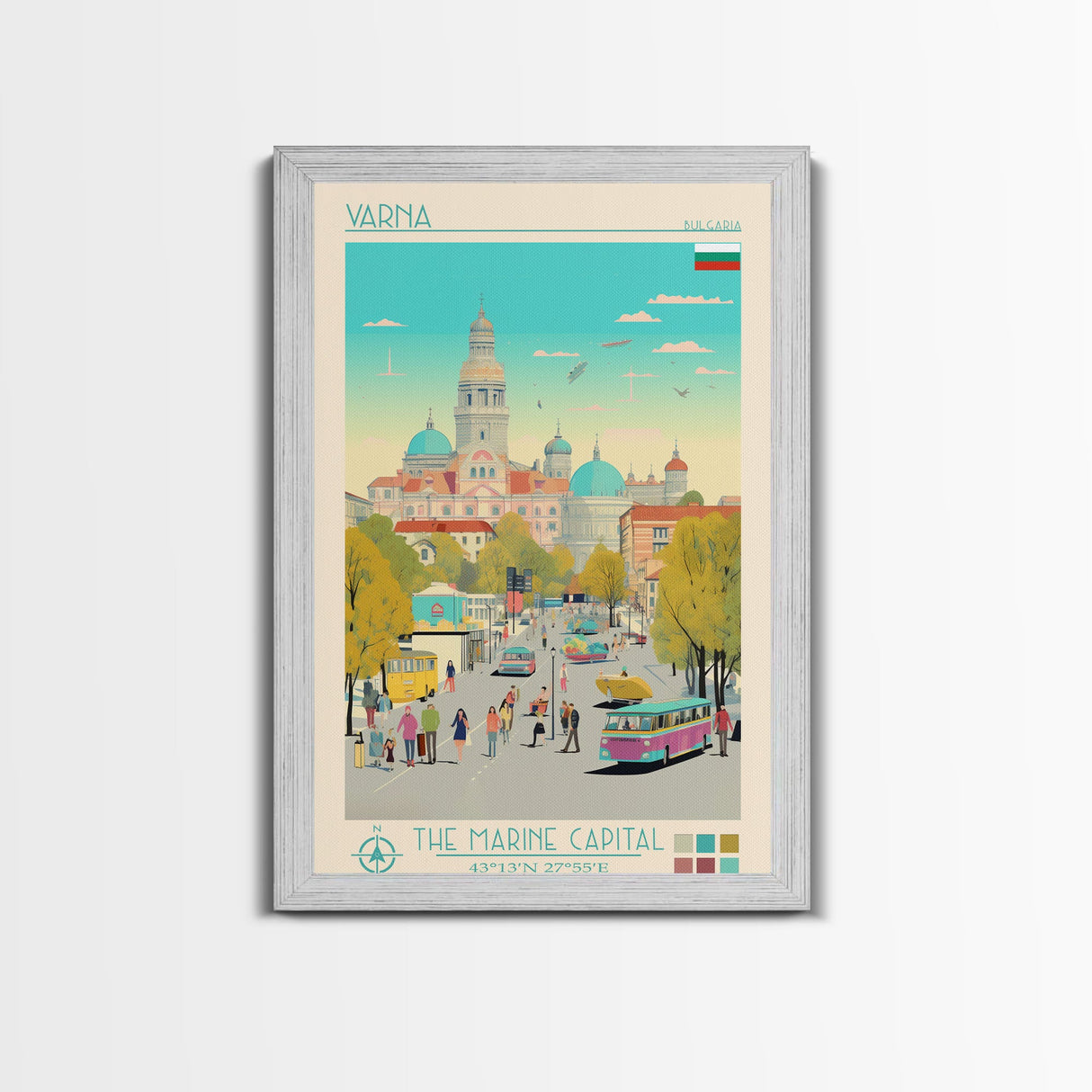 Varna Bulgaria Travel Poster Framed Canvas Print, Midcentury Modern Art, Pop Art Wall Decor, Living Room Art, Home Decoration