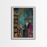 Halloween Eerie Wizard in Haunted Library Framed Canvas Print, Gothic Wall Art, Home Decor, Witchcraft Decor, Gift Idea, Enchanted Study