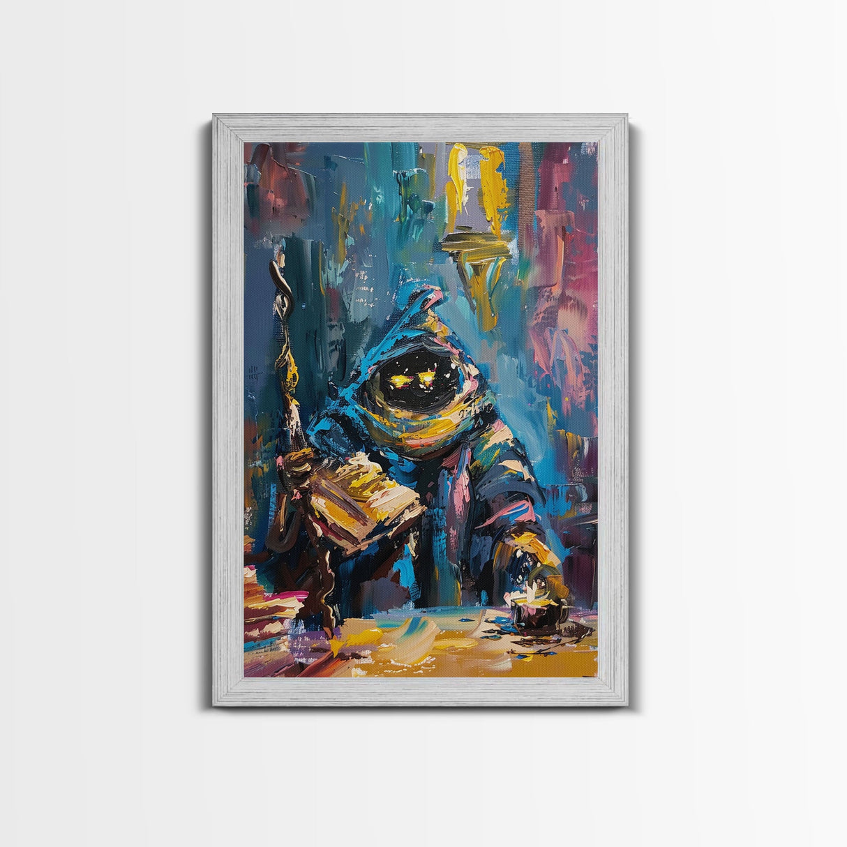 Halloween Creepy Wizard Reading Spells Framed Canvas Print, Spooky Wall Art, Home Decor, Occult Decor, Gift Idea, Dark Magic