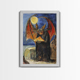 Halloween Vampire Bat with Pizza Under Full Moon Framed Canvas Print, Humorous Wall Art, Home Decor, Whimsical Decor, Gift Idea, Spooky Fun