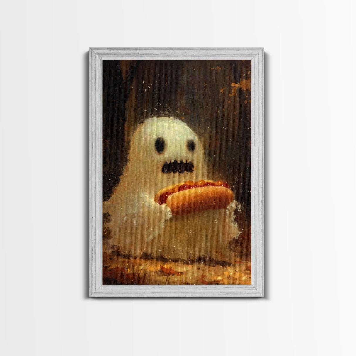 CHOMP! Cute Lil Ghost Eatin' a Dog, The Hot Dog Ghost, Haunted Hot Dog Thief, Framed Canvas Print, Halloween Art