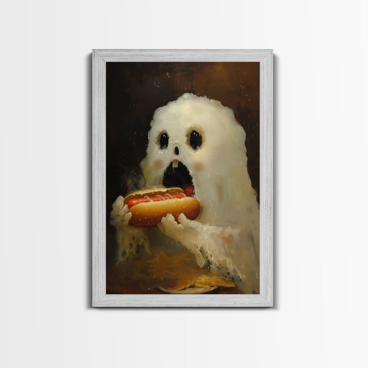 Ghostly Hot Dog Thief, Cute Lil Ghost Eatin' a Dog, The Hot Dog Ghost, Haunted Hot Dog Thief, Framed Canvas Print, Halloween Art