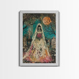 Halloween Skeleton Bride in Cemetery, Framed Canvas Print, Wall Art, Living Room Decor, Spooky, Skeleton Art, Original Painting, Home Decor
