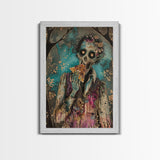 Halloween Zombie Eating Pizza, Framed Canvas Print, Wall Art, Living Room Decor, Spooky, Zombie Art, Original Painting, Home Decor