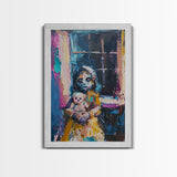 Halloween Creepy Girl with Doll, Framed Canvas Print, Wall Art, Living Room Decor, Spooky, Girl Art, Original Painting, Home Decor
