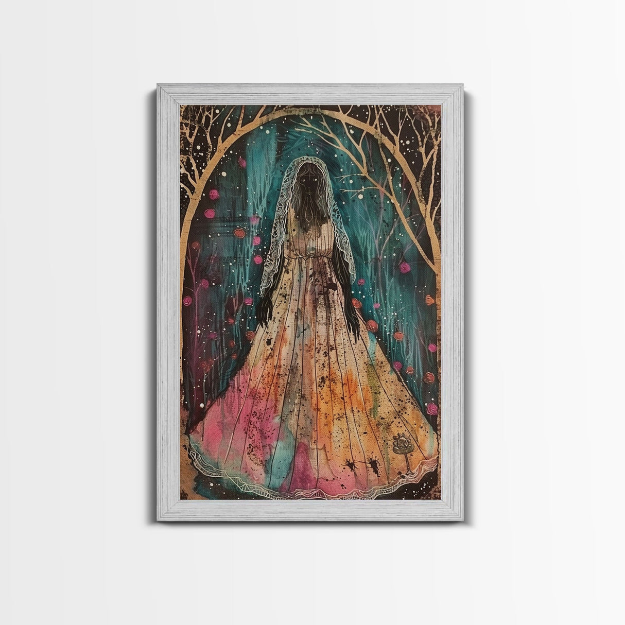 Halloween Veiled Ghost in Cemetery, Framed Canvas Print, Wall Art, Living Room Decor, Spooky, Ghost Art, Original Painting, Home Decor