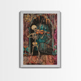 Halloween Skeleton Playing Violin, Framed Canvas Print, Wall Art, Living Room Decor, Spooky, Skeleton Art, Original Painting