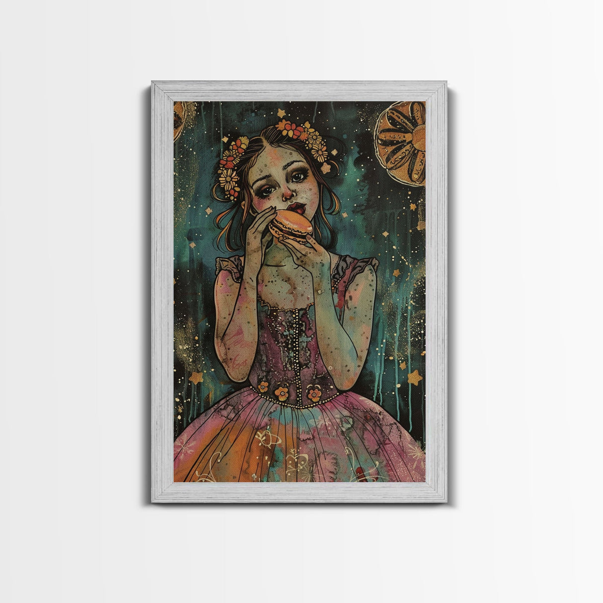 Halloween Girl Eating Macaron, Framed Canvas Print, Wall Art, Living Room Decor, Spooky, Girl Art, Original Painting, Home Decor