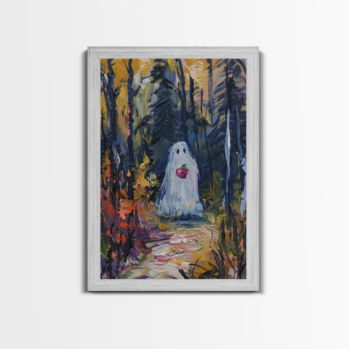 Halloween Ghost in Forest with Apple Framed Canvas Print, Whimsical Spooky Decor, Living Room Art, Fun Halloween Art, Home Decor, Retro Art