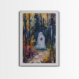 Halloween Ghost in Forest with Apple Framed Canvas Print, Whimsical Spooky Decor, Living Room Art, Fun Halloween Art, Home Decor, Retro Art