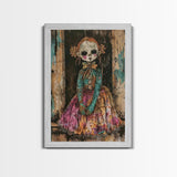 Halloween Pirate Skeleton with Pizza, Framed Canvas Print, Wall Art, Spooky Decor, Pirate Theme, Halloween Decoration, Living Room Art