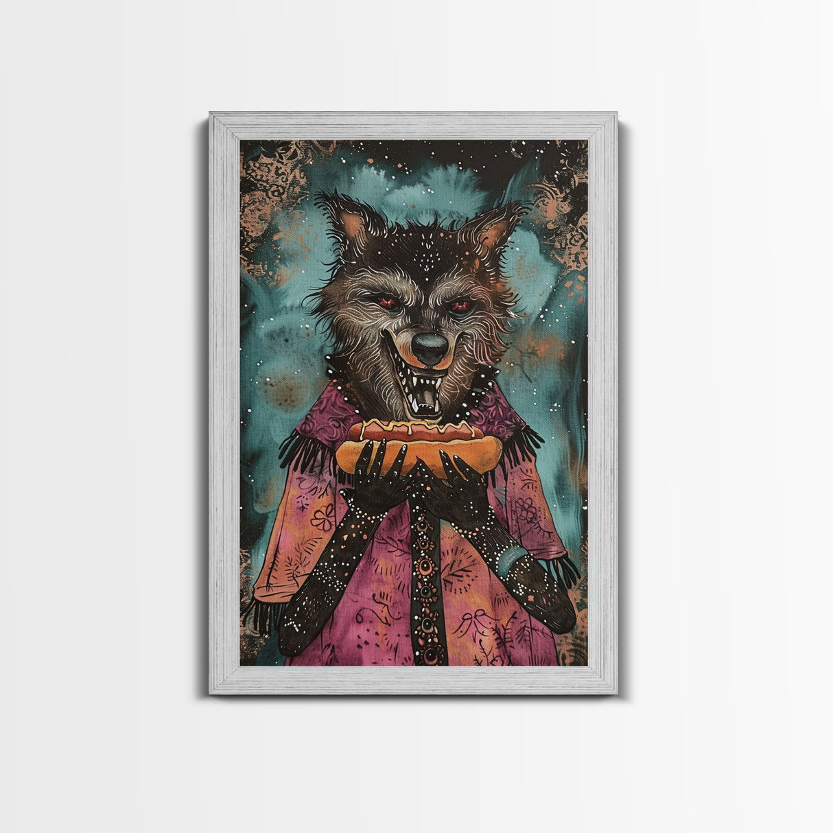 Halloween Werewolf with Hotdog, Framed Canvas Print, Wall Art, Home Decor, Spooky Artwork, Monster Decor, Halloween Decor, Funny Halloween