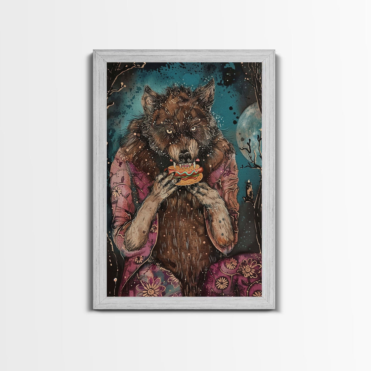 Halloween Werewolf Enjoying Hotdog, Framed Canvas Print, Wall Art, Home Decor, Spooky Artwork, Fantasy Decor, Halloween Decor, Holiday Gift