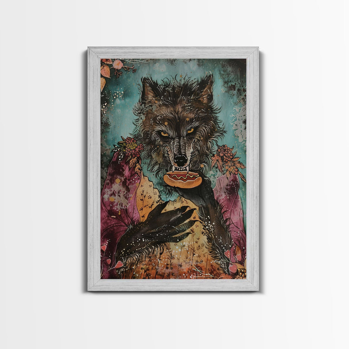 Halloween Werewolf Holding Hotdog, Framed Canvas Print, Wall Art, Home Decor, Spooky Artwork, Fantasy Decor, Halloween Decor