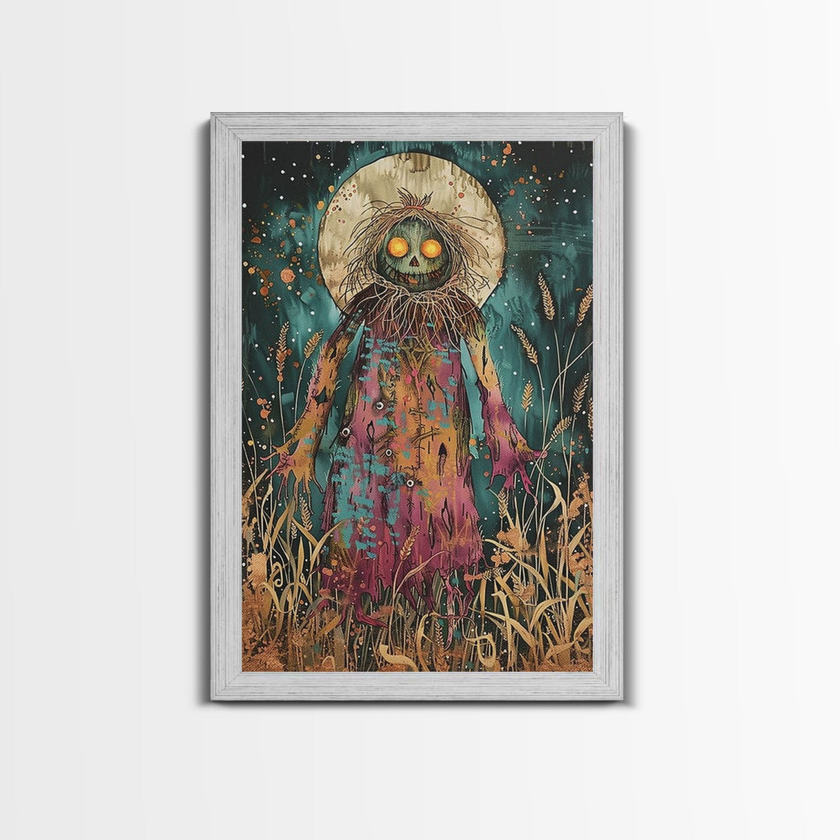 Creepy Moonlit Scarecrow Framed Canvas Print | Halloween Art | Spooky Harvest Artwork | Sinister Scarecrow Art for Home Decor