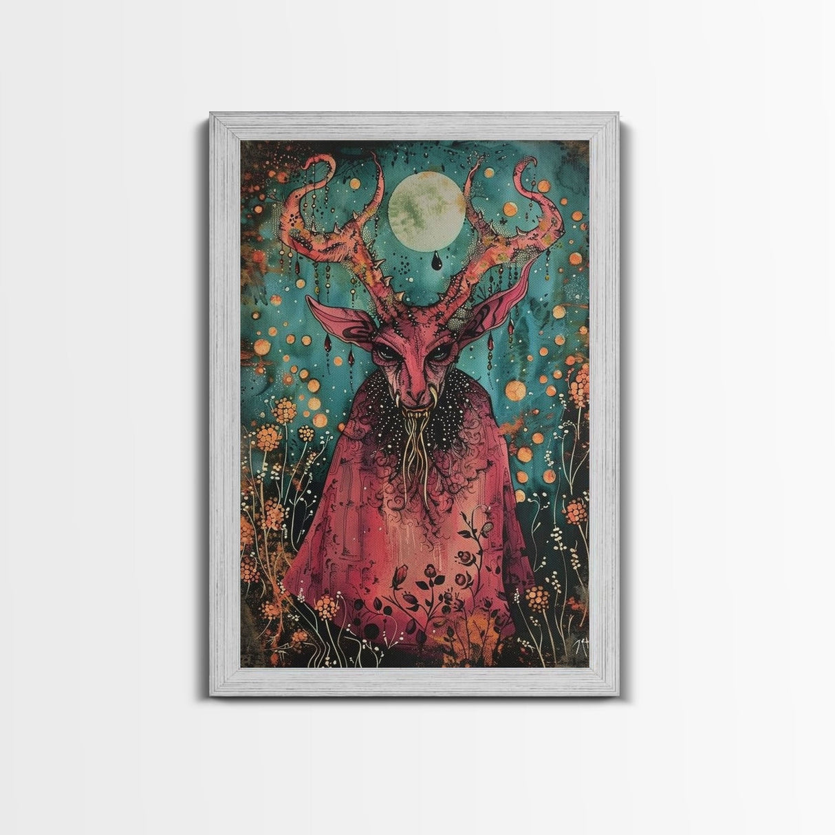 Enchanted Demon Under Full Moon Framed Canvas Print, Halloween Art, Creepy Wall Art, Spooky Home Decor, Art, Haunting Living Room Decor