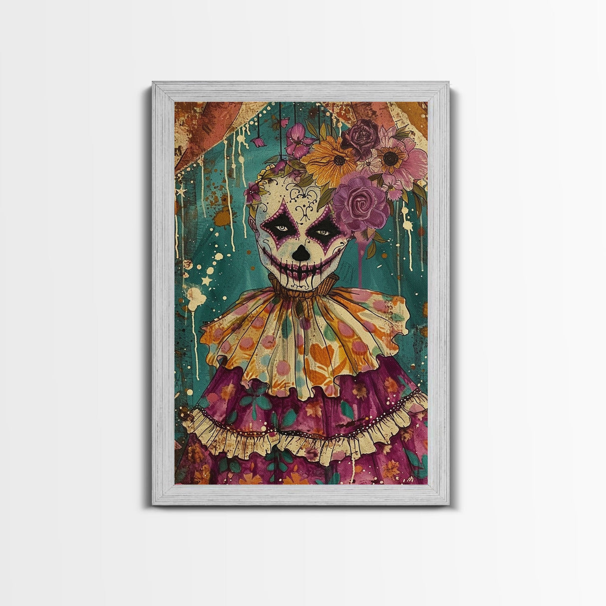 Day of the Dead Doll with Floral Crown Framed Canvas Print, Halloween Art, Creepy Wall Art, Spooky Home Decor, Scary Art, Unique Wall Decor